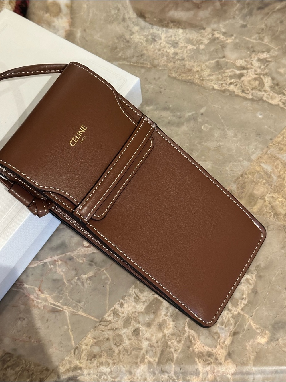 Celine Brown Leather Crossbody Phone and sunglasses Case with White Stitching